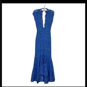 Sau Lee Simone Size 2 Maxi Prom Dress Blue Womens Cut Out Back Lace Mermaid